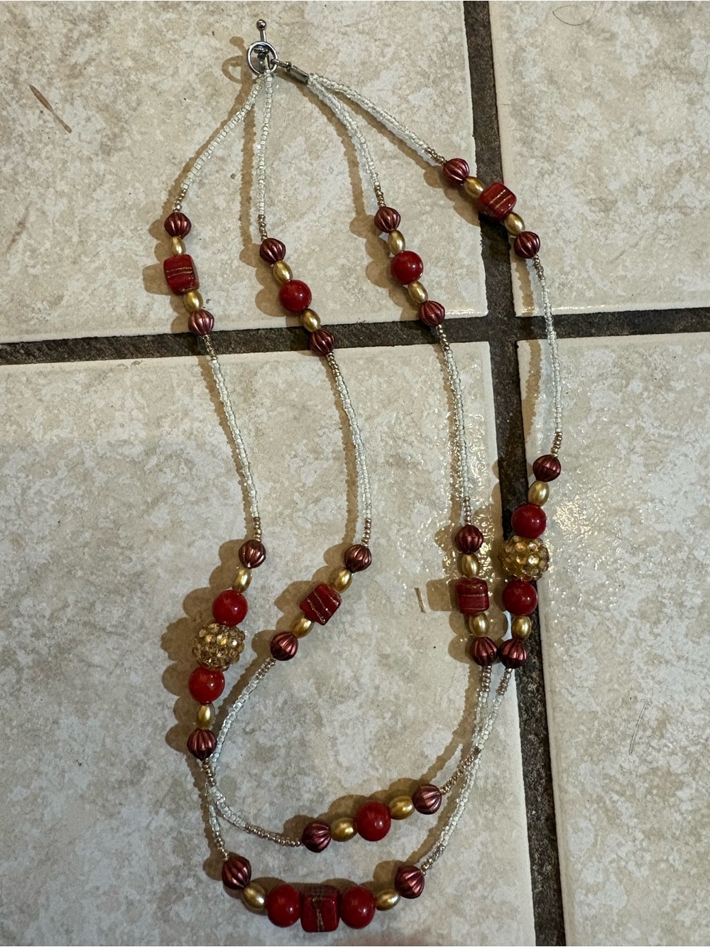 Multi-Strand Red and Gold Beaded Necklace